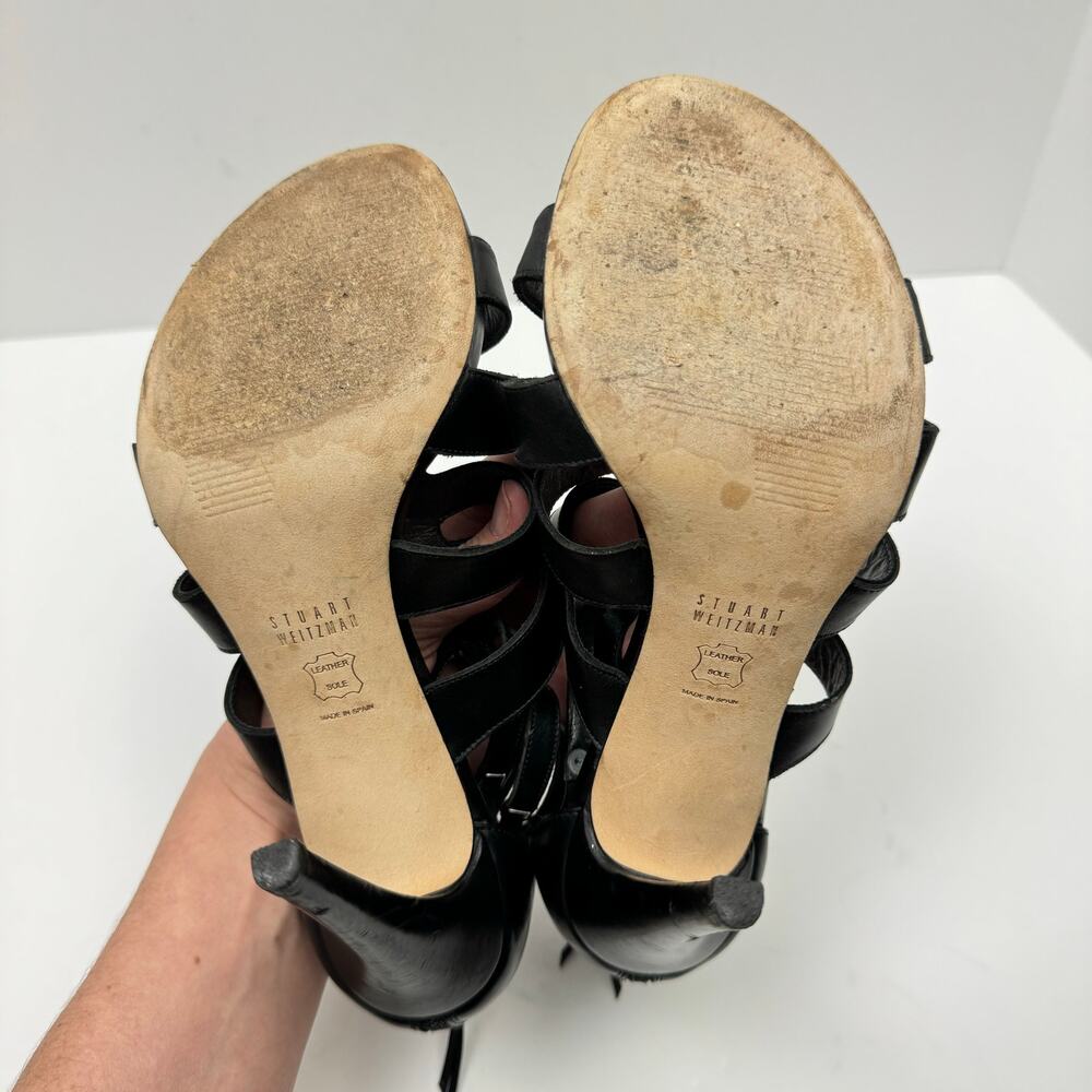 Stuart Weitzman Outing Black Leather Strappy Cage Studded Stiletto Heel Sandal - Picture 12 of 12